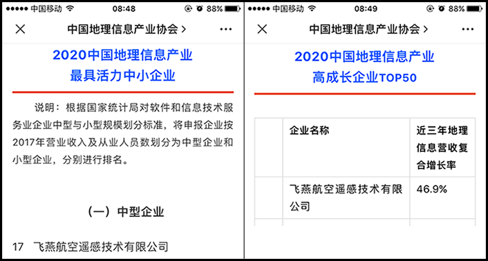 喜訊丨飛燕遙感榮獲2020中國地理信息產(chǎn)業(yè)最具活力中型企業(yè)榮譽稱號，榮耀入選2020中國地理信息產(chǎn)業(yè)高成長企業(yè)TOP50！